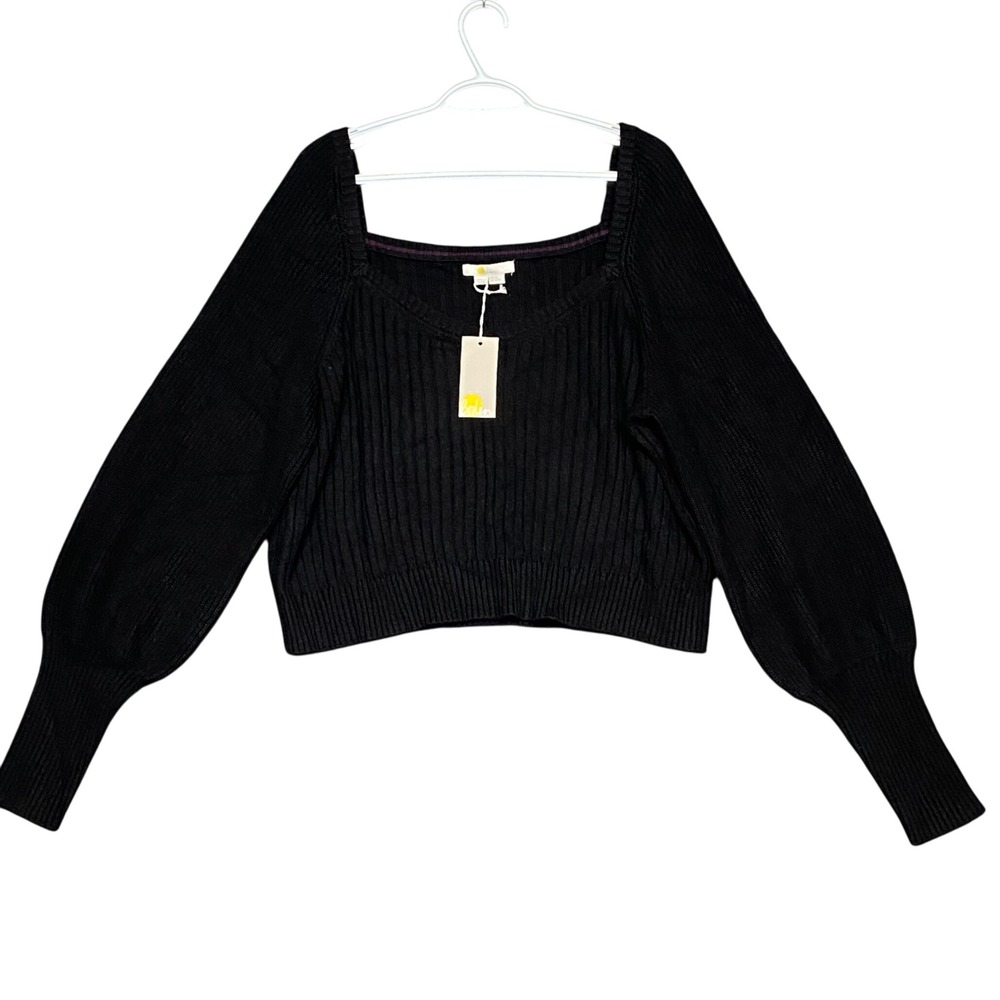 Boden Black Ribbed Knit Square‎ Neck Balloon Sleeve Cropped Sweater 16/18 K0676